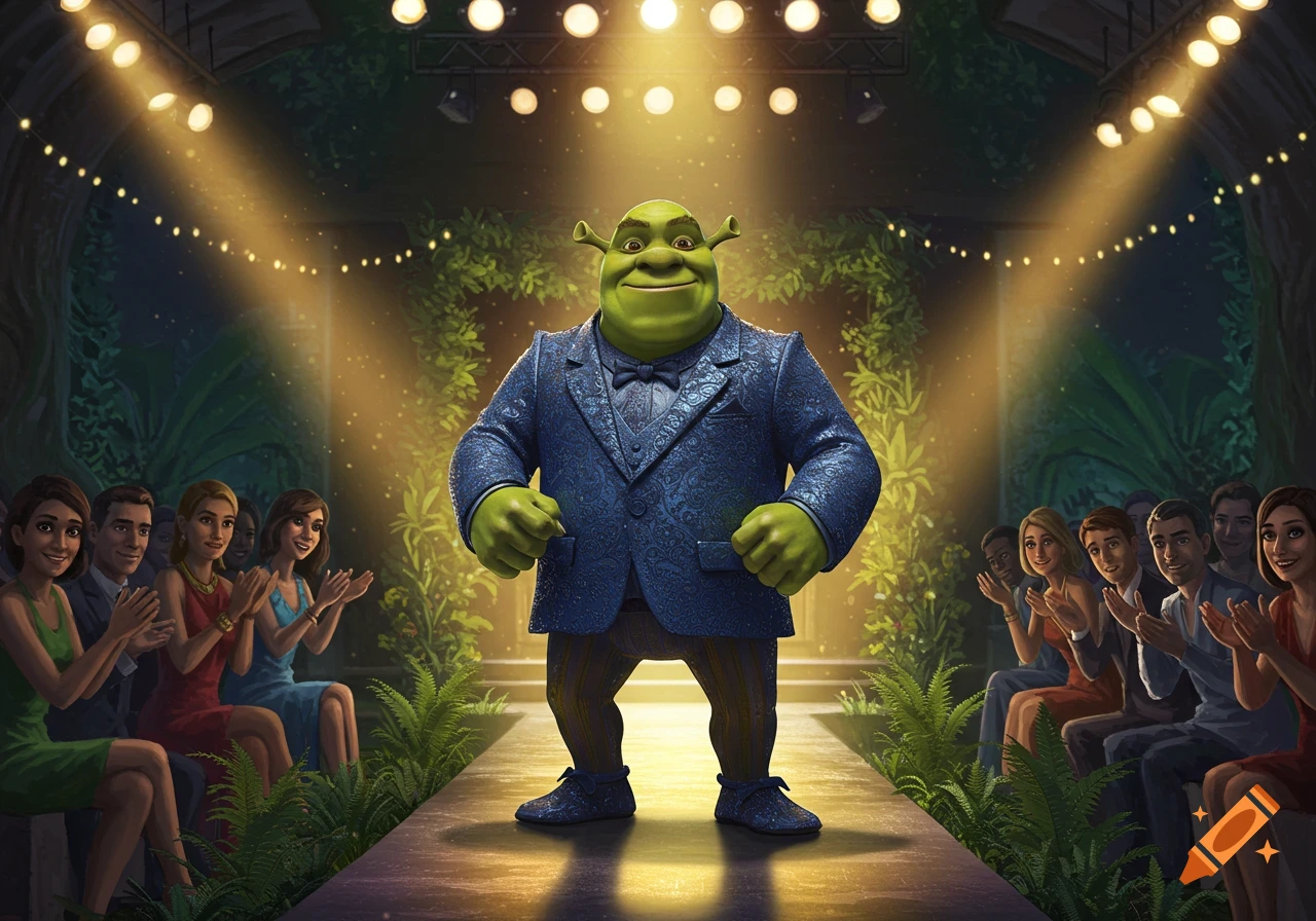 Shrek poses in a blue patterned suit and bow tie on a fashion runway with an applauding audience, under spotlights.