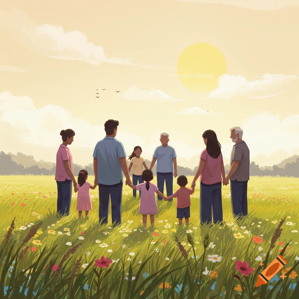Illustrative scene of a multi-generational family holding hands in a circle in a sunny meadow filled with wildflowers.