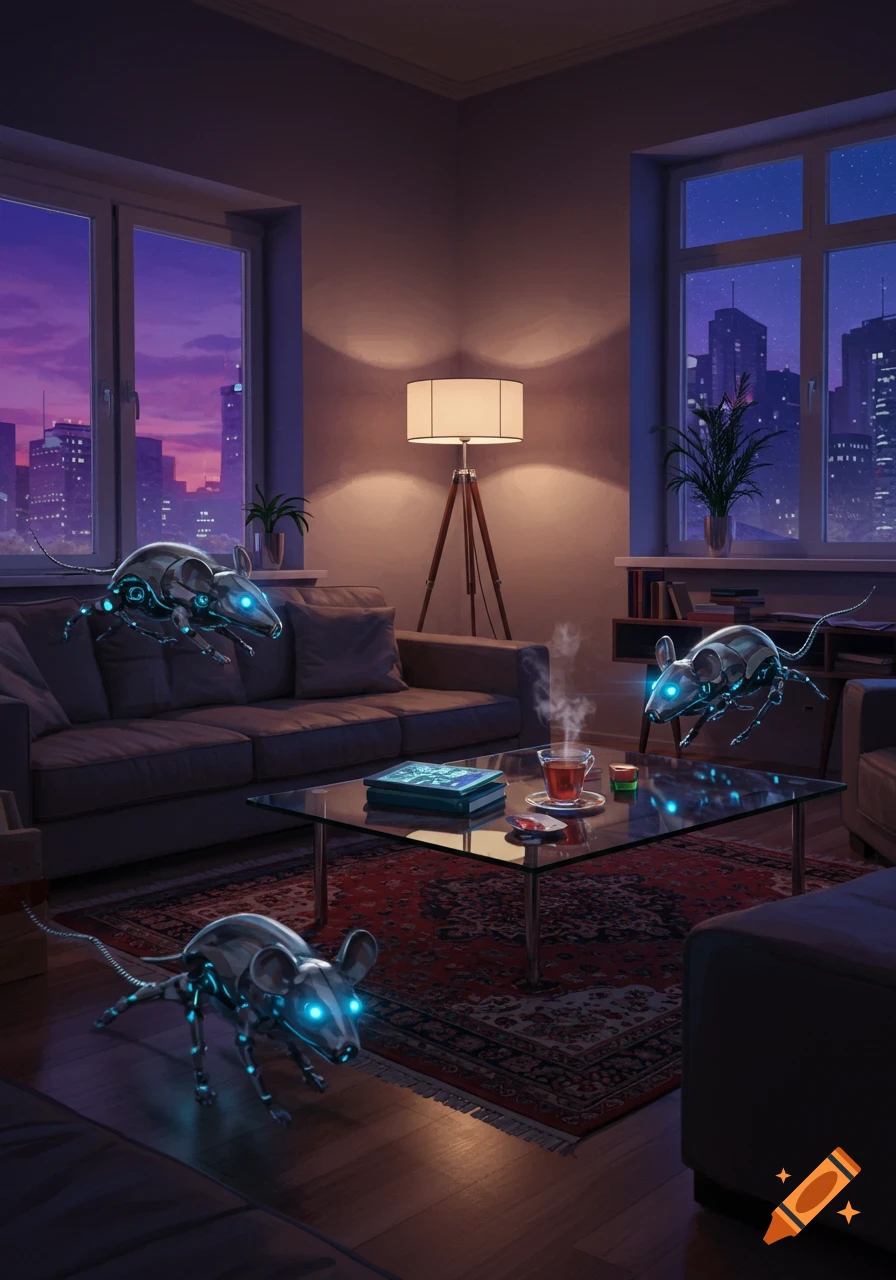 Three glowing robotic mice in a modern living room with large windows overlooking a city skyline at dusk, digital art.