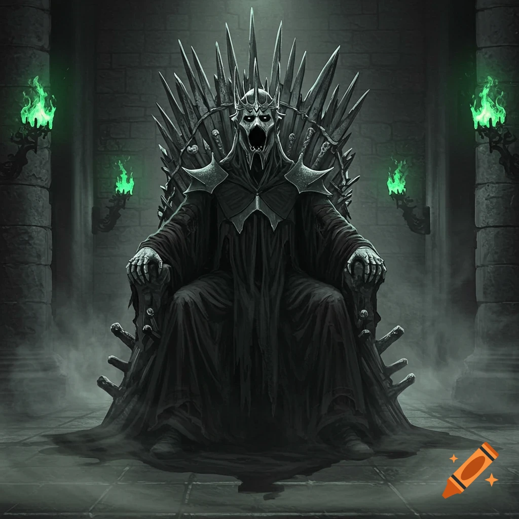 A dark, skeletal figure with a crown and robes sits on a spiky throne in a gloomy stone hall with green flames.