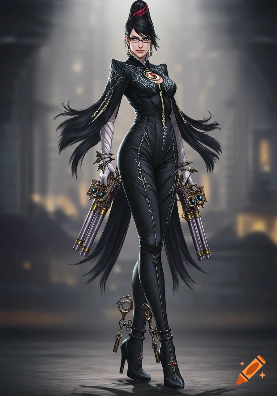 Full-body portrait of Bayonetta in a black suit, holding two pistols, with a determined expression.