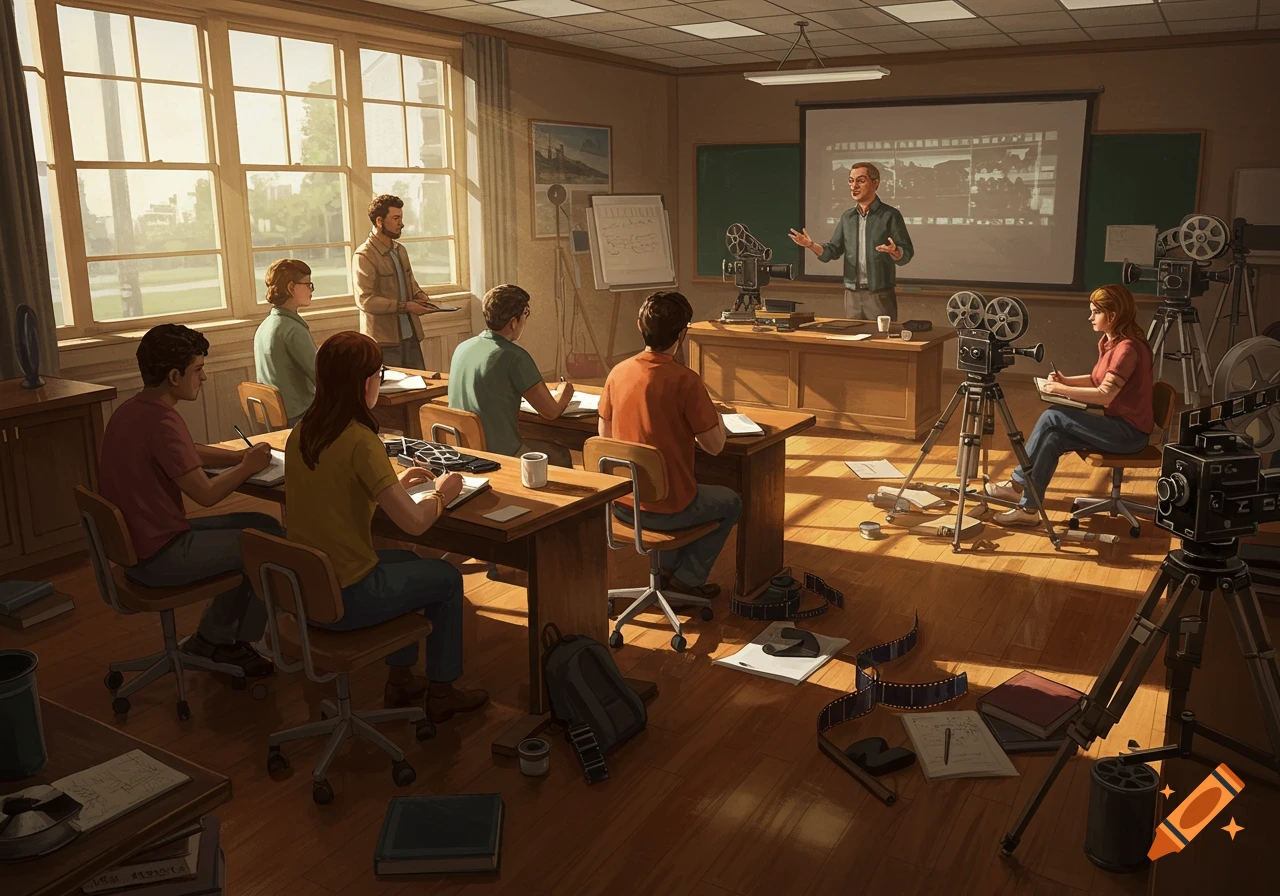 Film students attend a class in a sunlit room, with a lecturer, a projector, and various film cameras and reels.