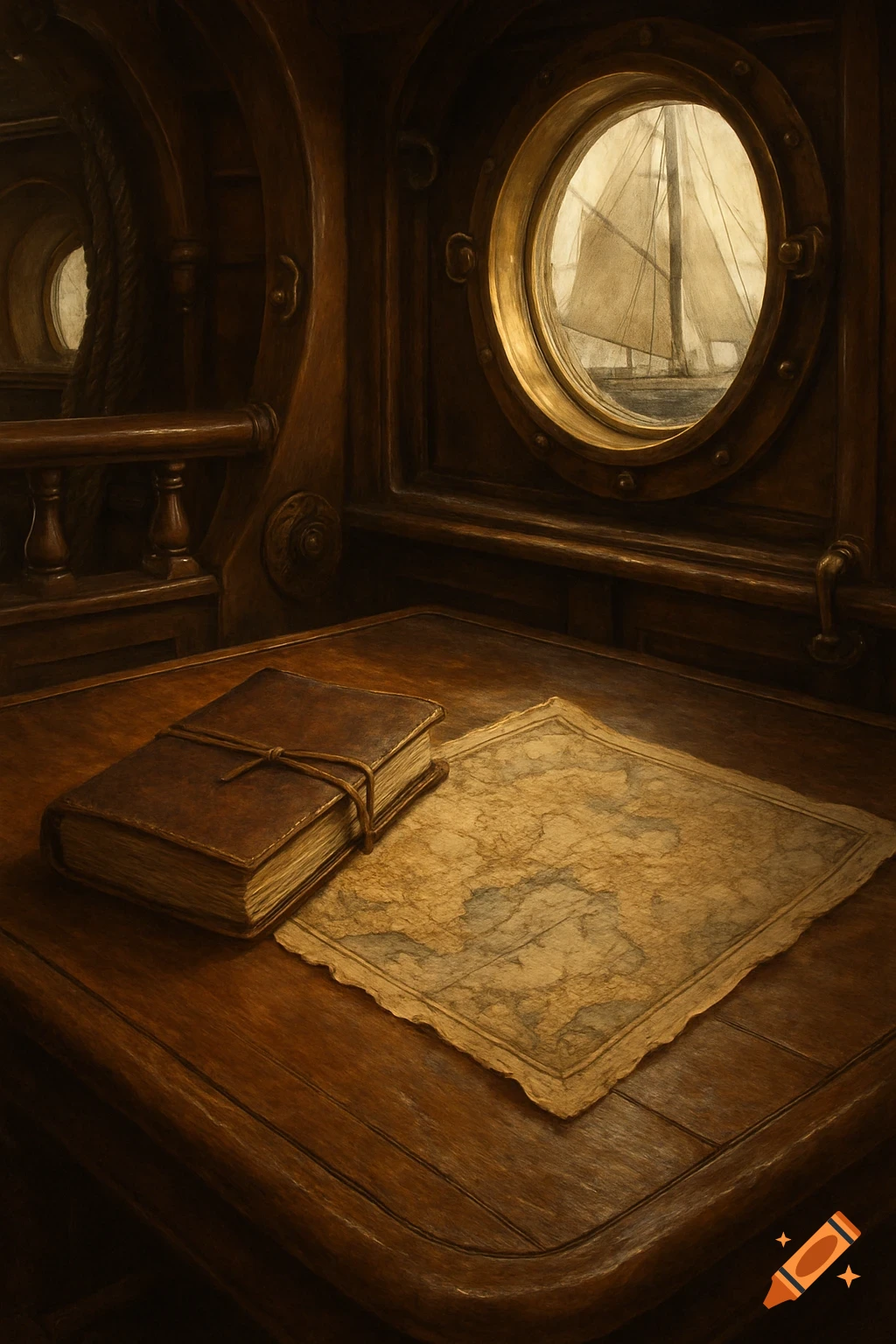 A rustic wooden ship's cabin with a brass porthole overlooking a sailing ship, a leather-bound diary, and a vintage map on a table.