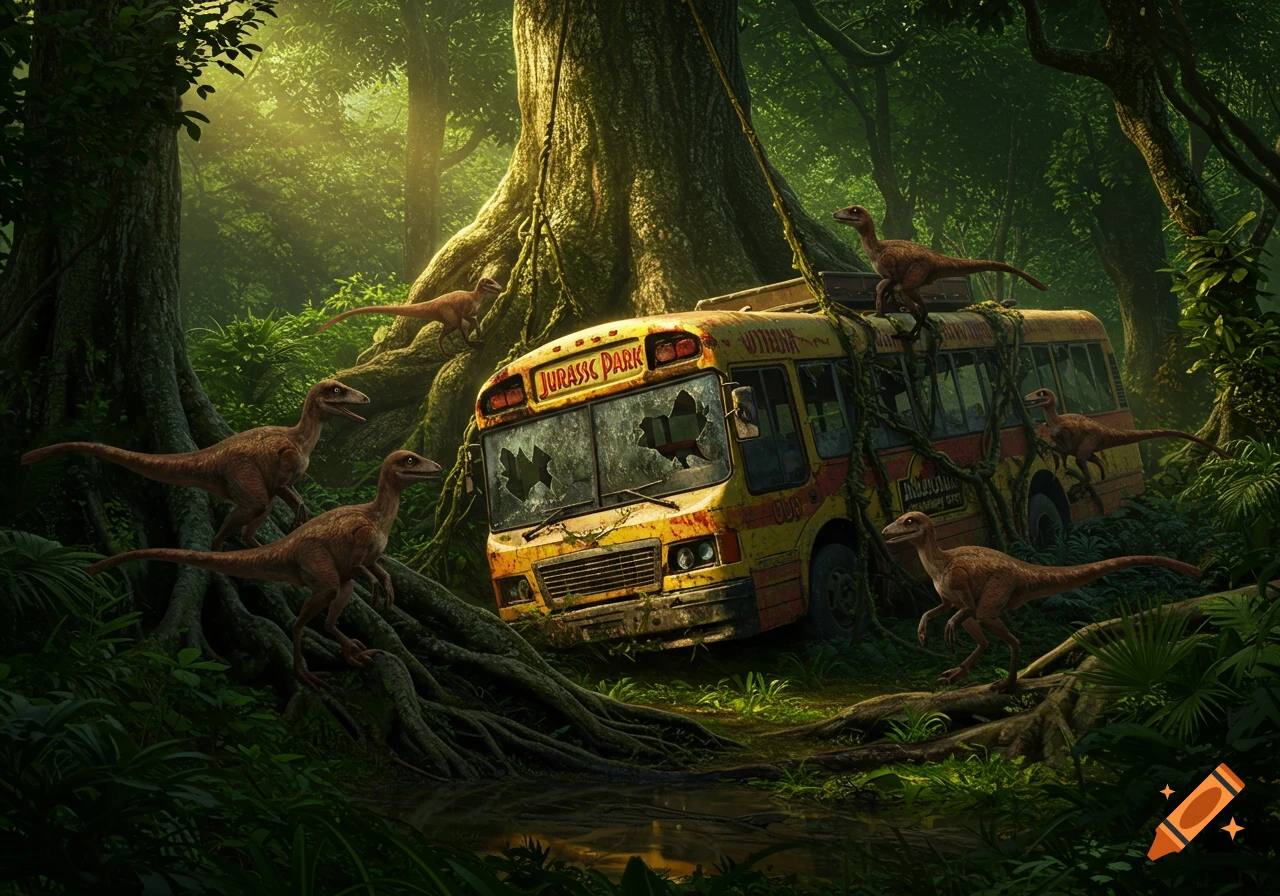 Photorealistic image of brown deinonychus dinosaurs in a lush jungle surrounding an abandoned, vine-covered yellow Jurassic Park tour bus.