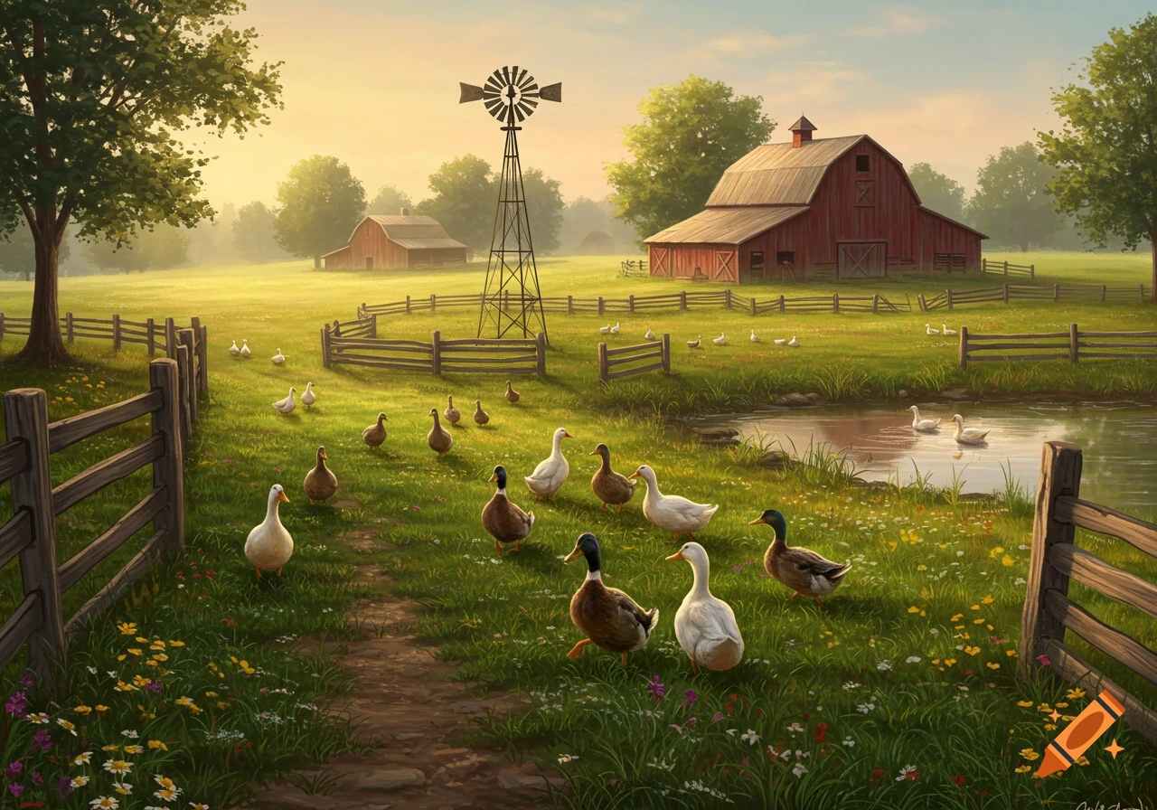 A scenic farm landscape with ducks walking on a grassy path towards a pond, a red barn, and a windmill under a golden sky.