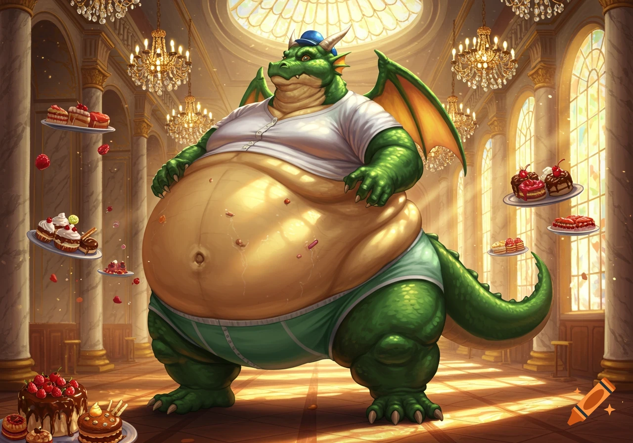 A very obese anthropomorphic dragon in green boxers and a blue hat stands in a grand hall with floating pastries and cakes.