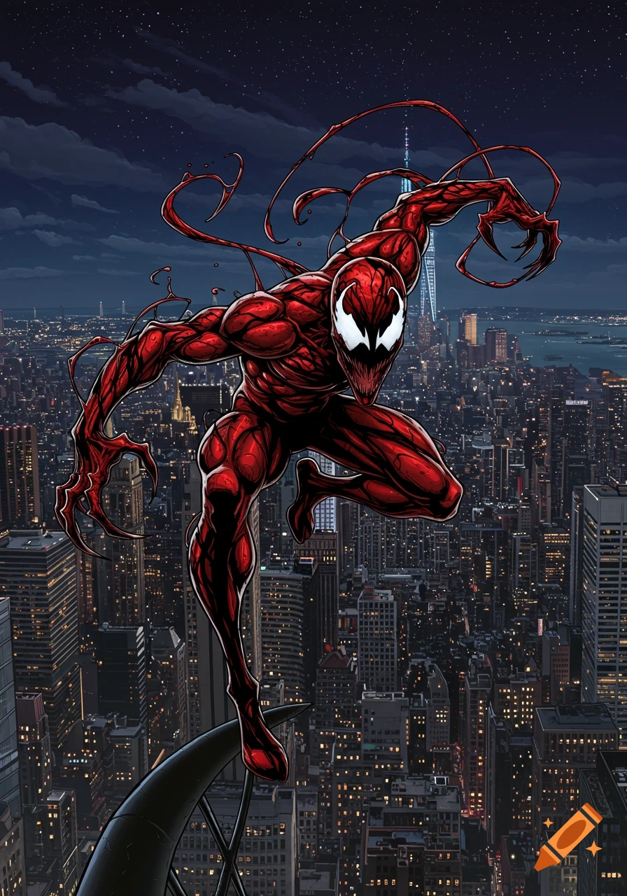 Red symbiote villain Carnage crouches on a skyscraper overlooking a city at night, in a comic art style.