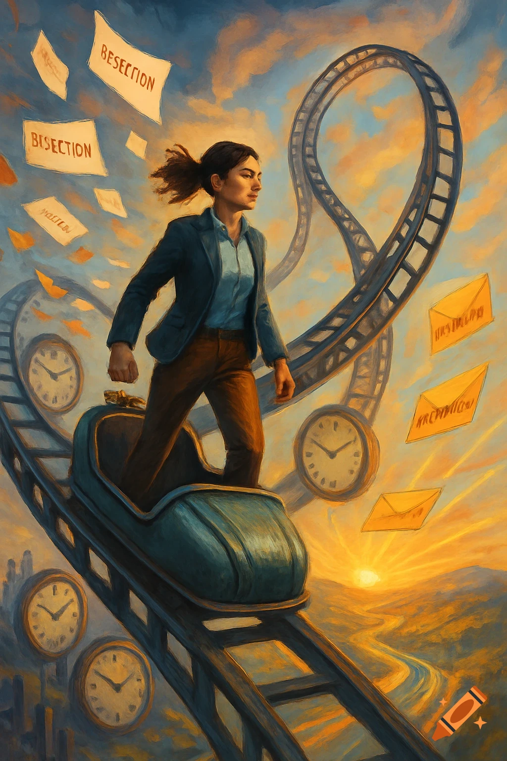 A woman stands on a rollercoaster car on a looping track at sunset, surrounded by flying papers with text and clocks, in a painterly style.