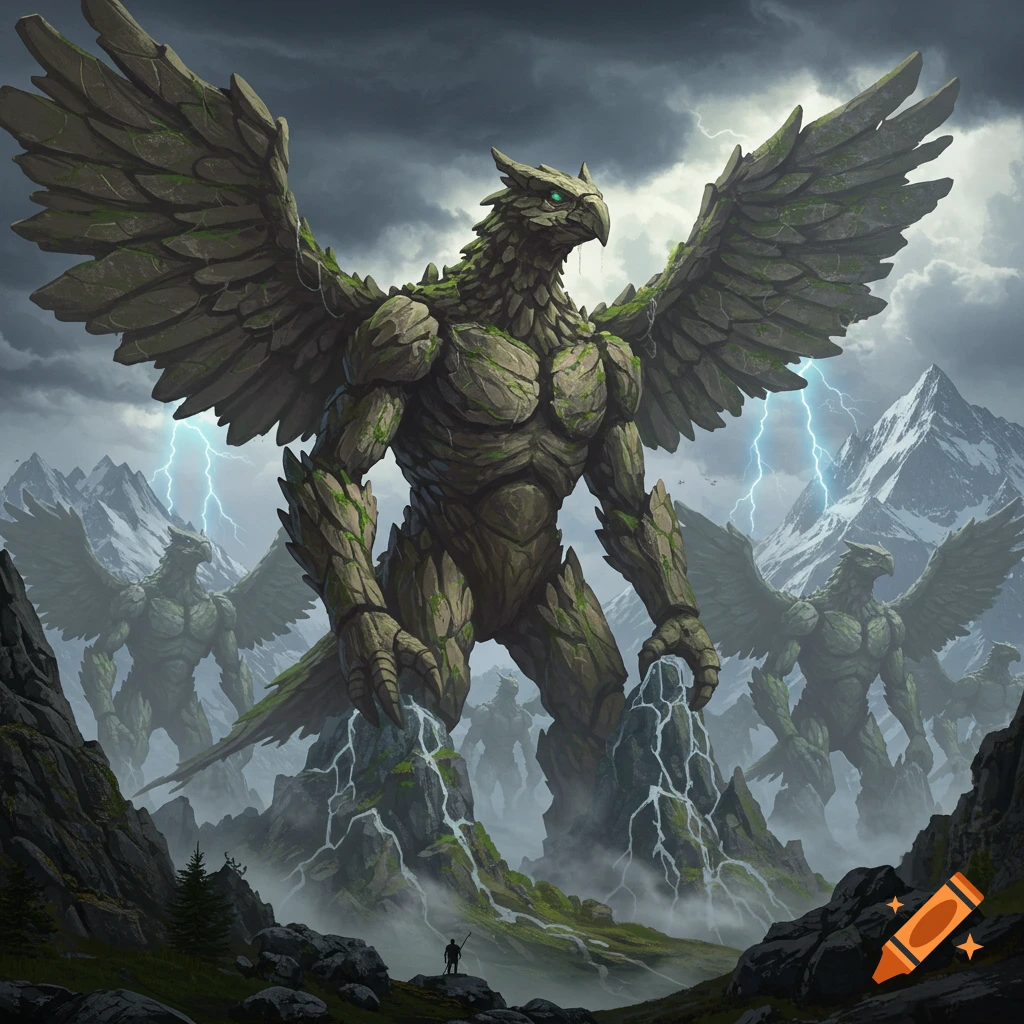Massive winged rock monsters covered in moss stand in a misty mountain landscape under a stormy, lightning-filled sky, with a small human figure in the foreground.