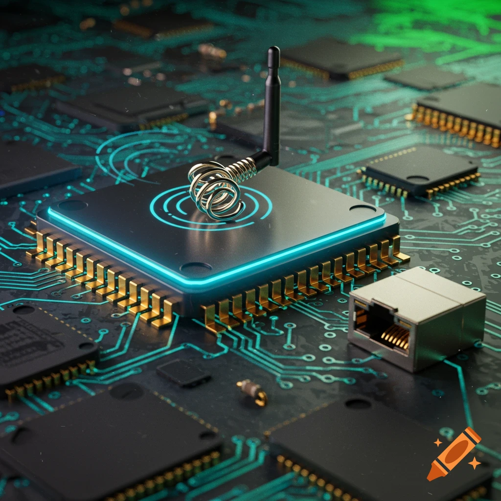 A detailed close-up of a computer chip with an antenna and an Ethernet port on a circuit board with glowing blue traces.