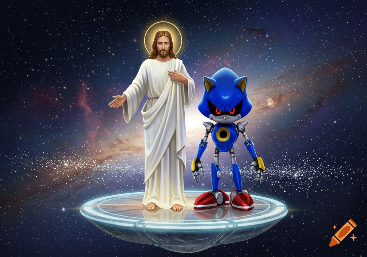 Jesus with a halo and Metal Sonic stand on a futuristic platform in deep space, surrounded by stars and nebulae.