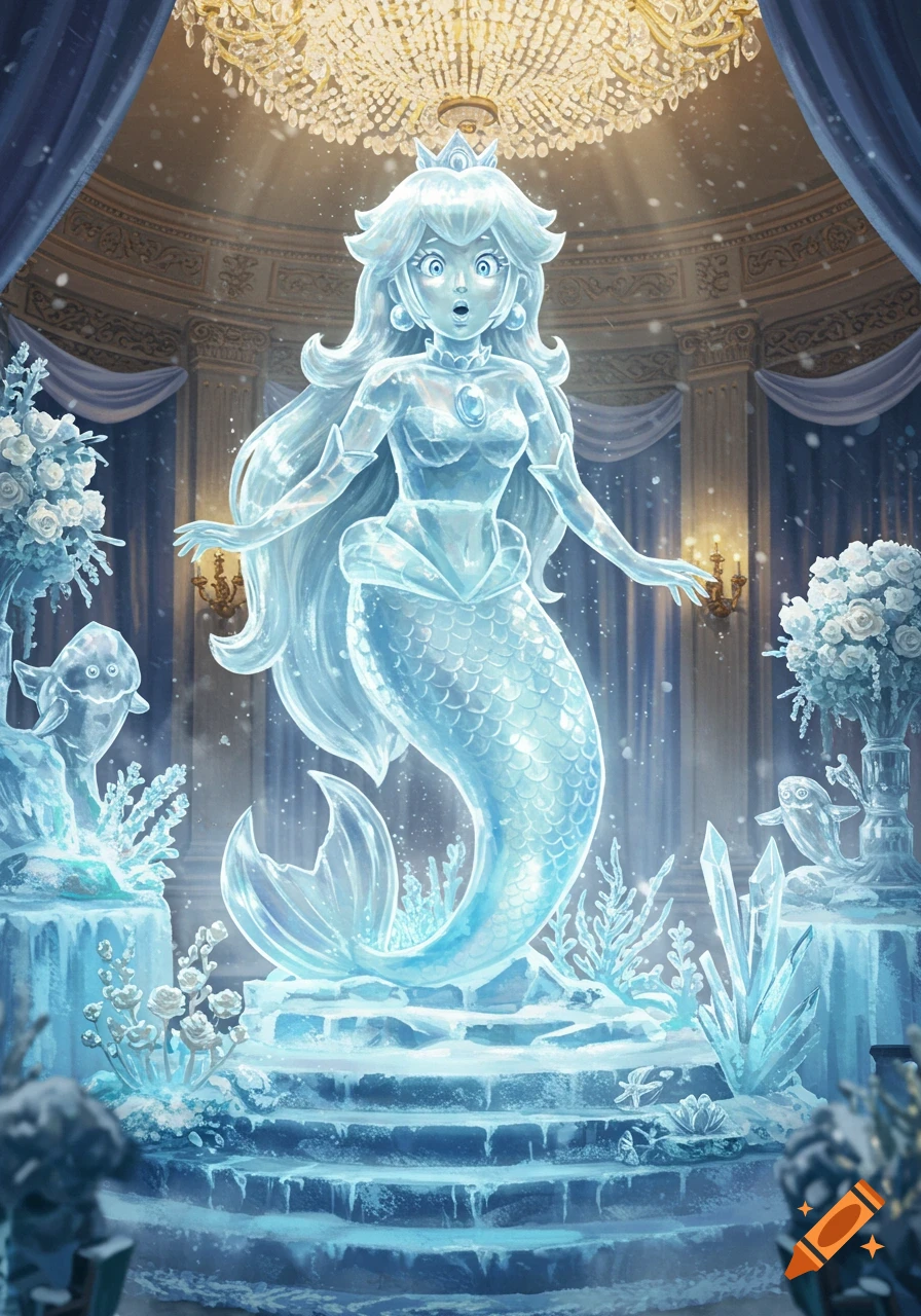 Surprised Princess Peach mermaid ice statue in a grand, chandelier-lit ballroom during a snowy gala, surrounded by ice decor.