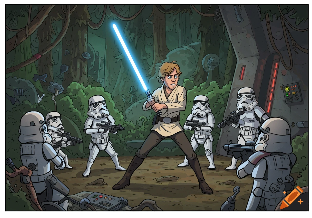 Luke Skywalker with a blue lightsaber faces several Stormtroopers in a stylized, illustrated forest scene.