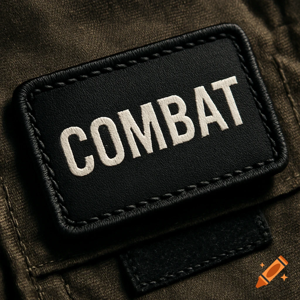 A close-up shot of a black rectangular patch with the word COMBAT in white, stitched onto olive green fabric.