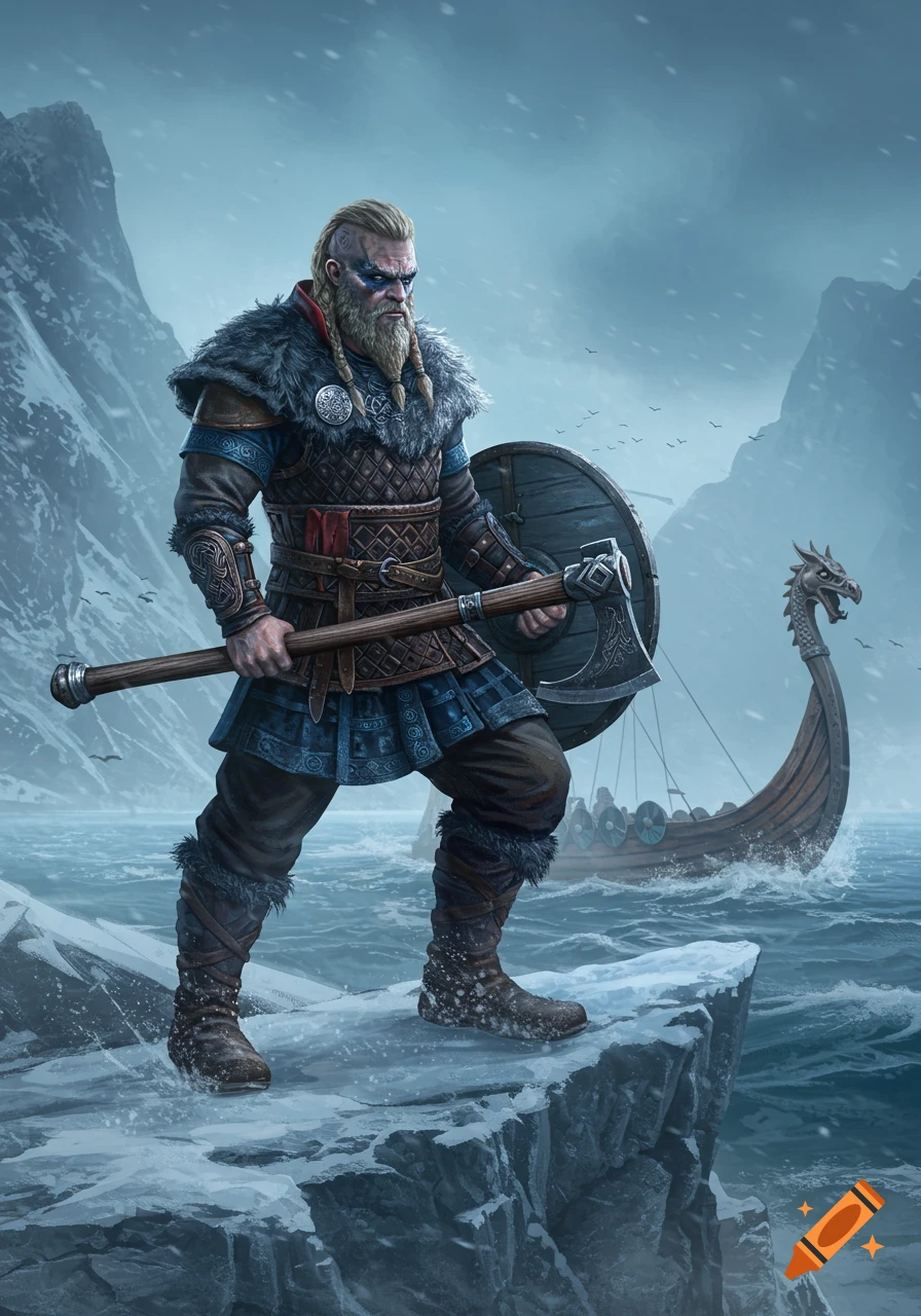 A formidable Viking warrior stands on an icy cliff with an axe and shield, overlooking a stormy sea with a longship and snowy mountains.