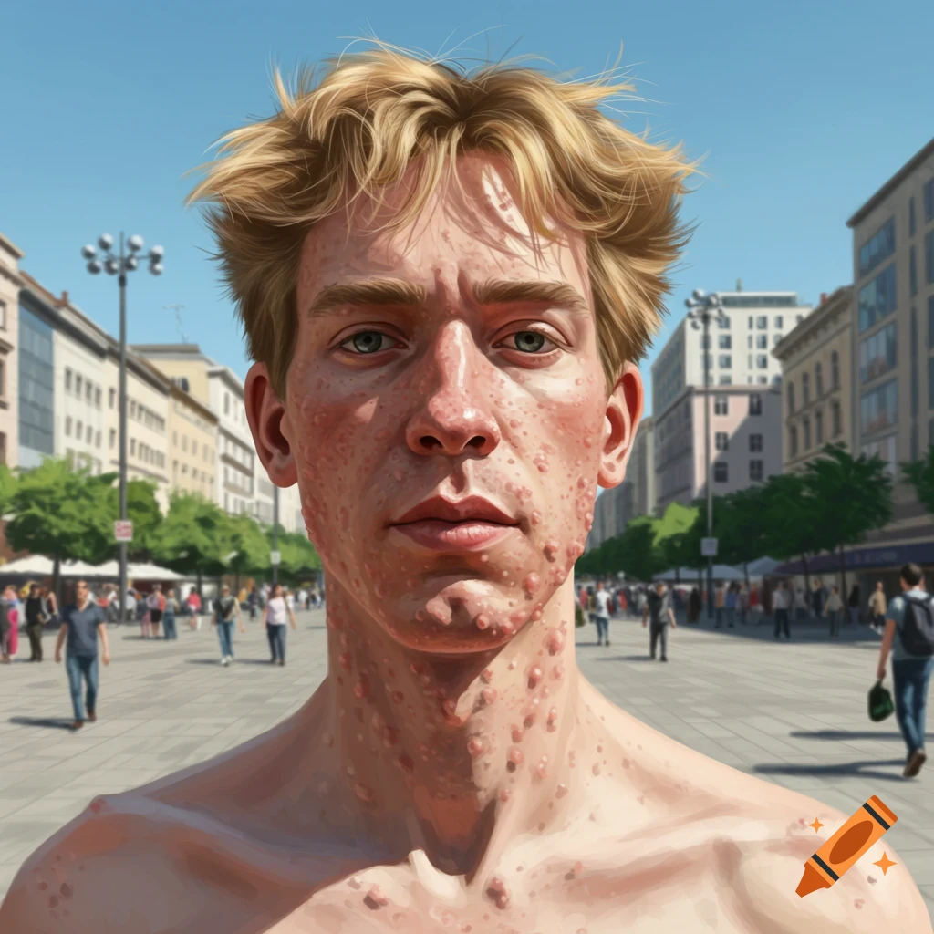 Photorealistic portrait of a blonde man with severe acne on his face and neck, standing on an urban street.