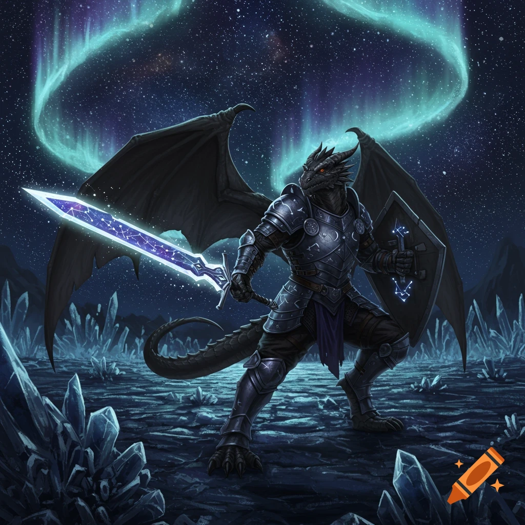 A black dragonborn paladin in dark armor holds a glowing starry sword and a shield, standing among crystals under a vibrant aurora and starry night sky.