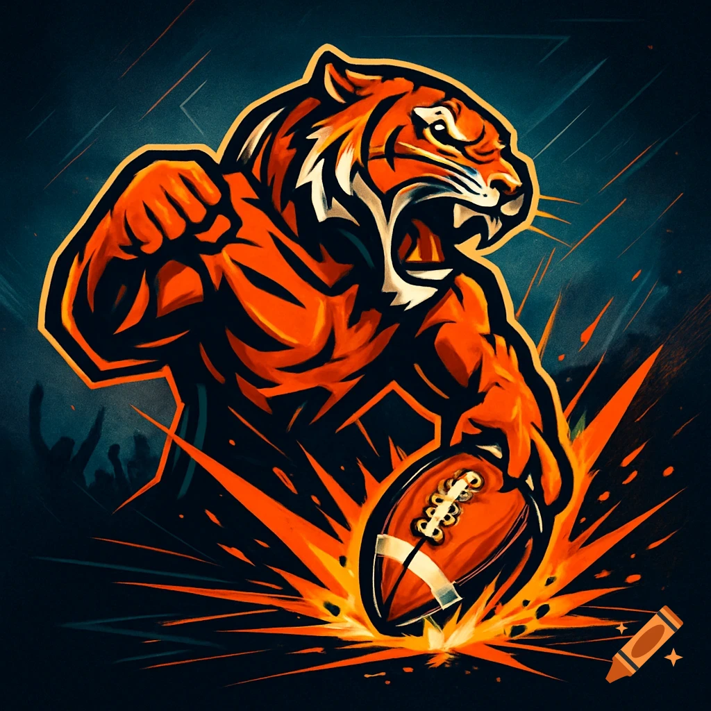 Stylized orange tiger roaring and spiking an American football amidst orange sparks, digital art.