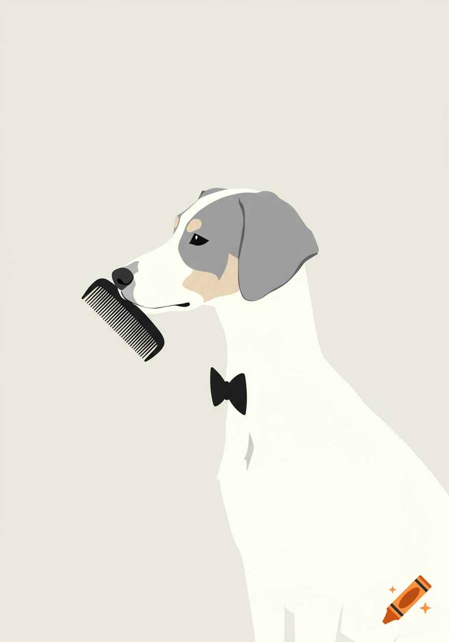 A minimalist illustration of a white dog with gray and tan markings, wearing a black bow tie and holding a black comb in its mouth.