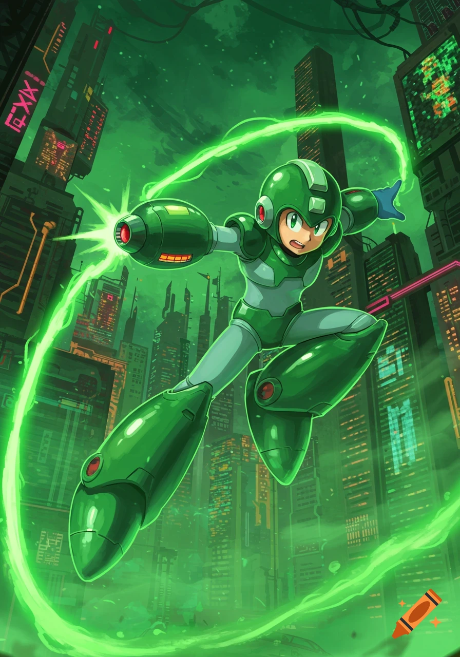Green robot resembling Mega Man firing an energy blast amidst a neon green, futuristic city. Anime style.