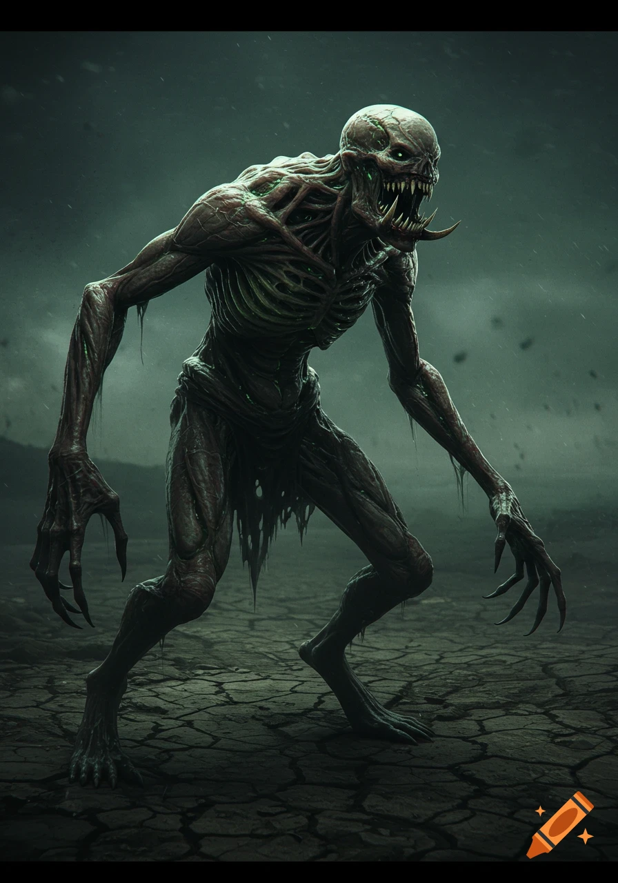 A terrifying, emaciated monster with sharp teeth and claws stands on cracked earth under a stormy sky, glowing green eyes.