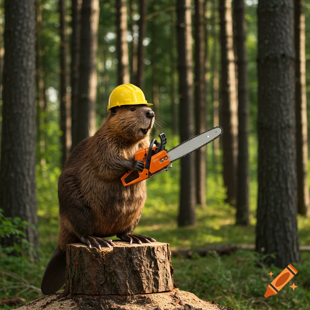 Photorealistic beaver wearing a yellow hard hat, holding an orange chainsaw, standing on a tree stump in a sunlit forest.