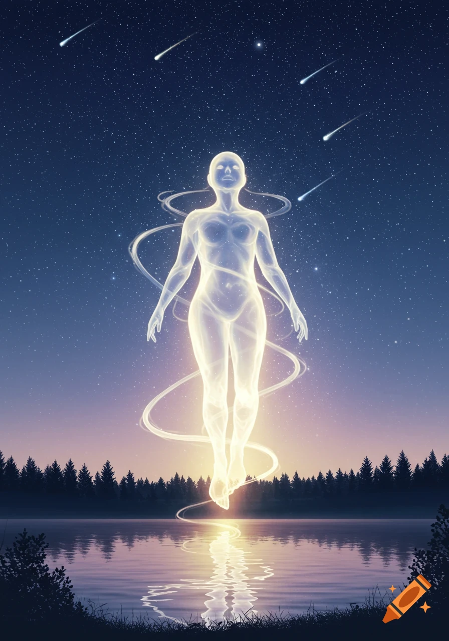 Ethereal glowing figure floats above a lake, reflecting light. Starry night sky with shooting stars, forest in background.