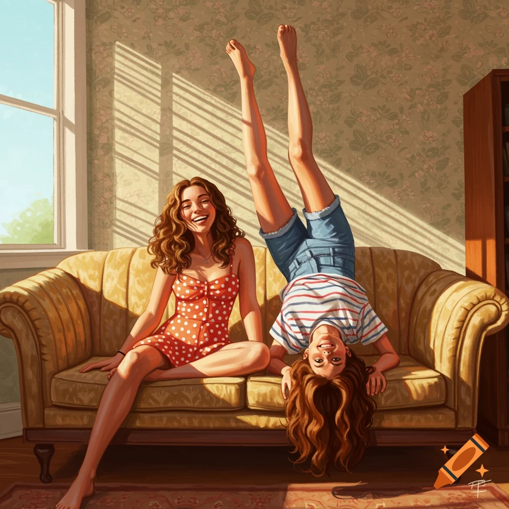 Two happy girls on a couch. One sits in a red polka-dot dress, the other is upside down with legs in the air. Illustration.