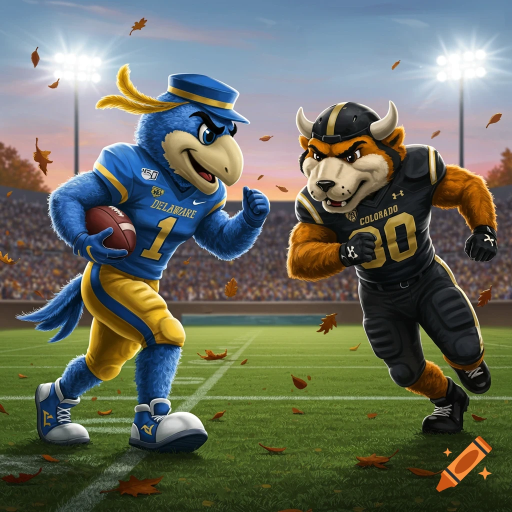 A blue bird mascot with a football and an orange bull mascot in football uniforms running on a field with autumn leaves, stadium in background.