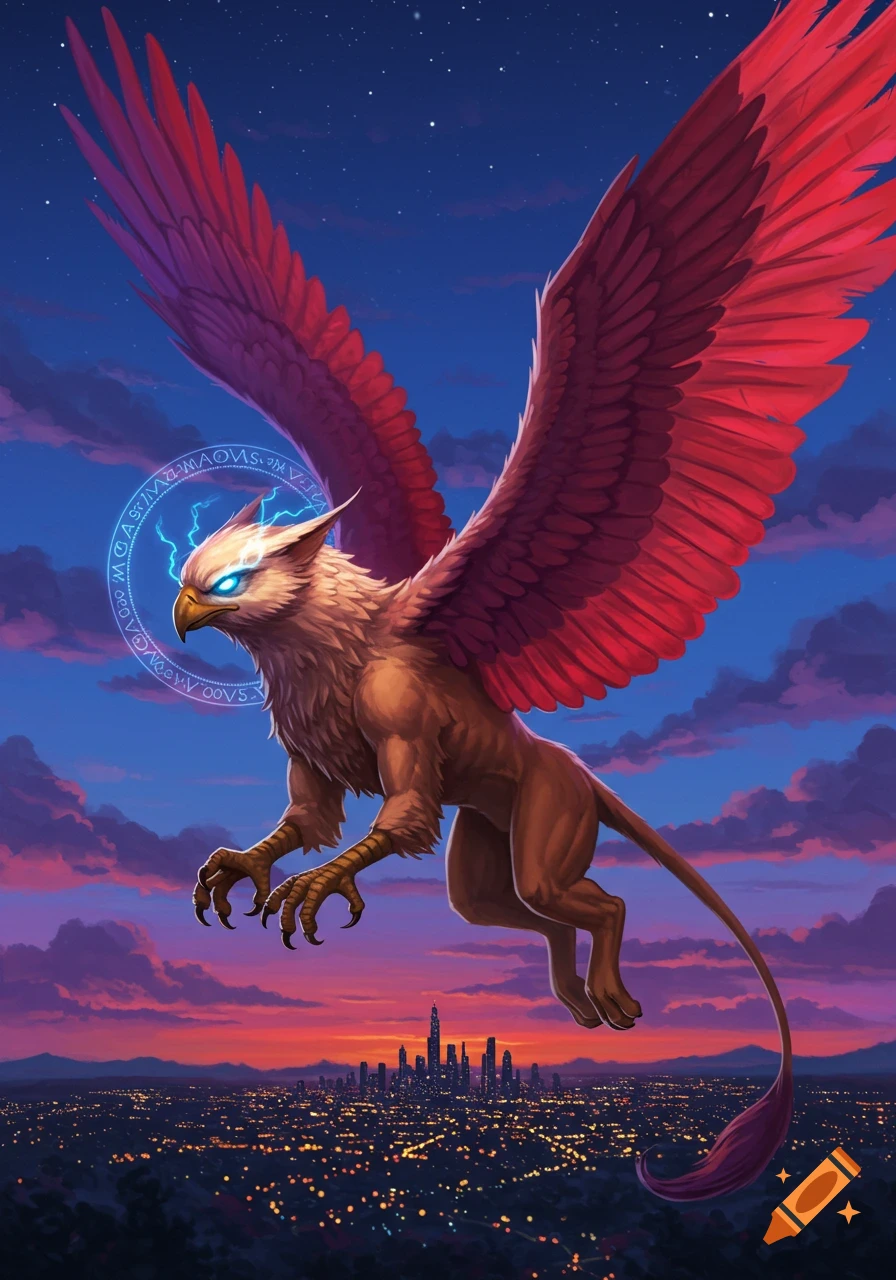 A majestic griffin with large red wings and glowing blue eyes flies over a twinkling city at dusk, digital art.