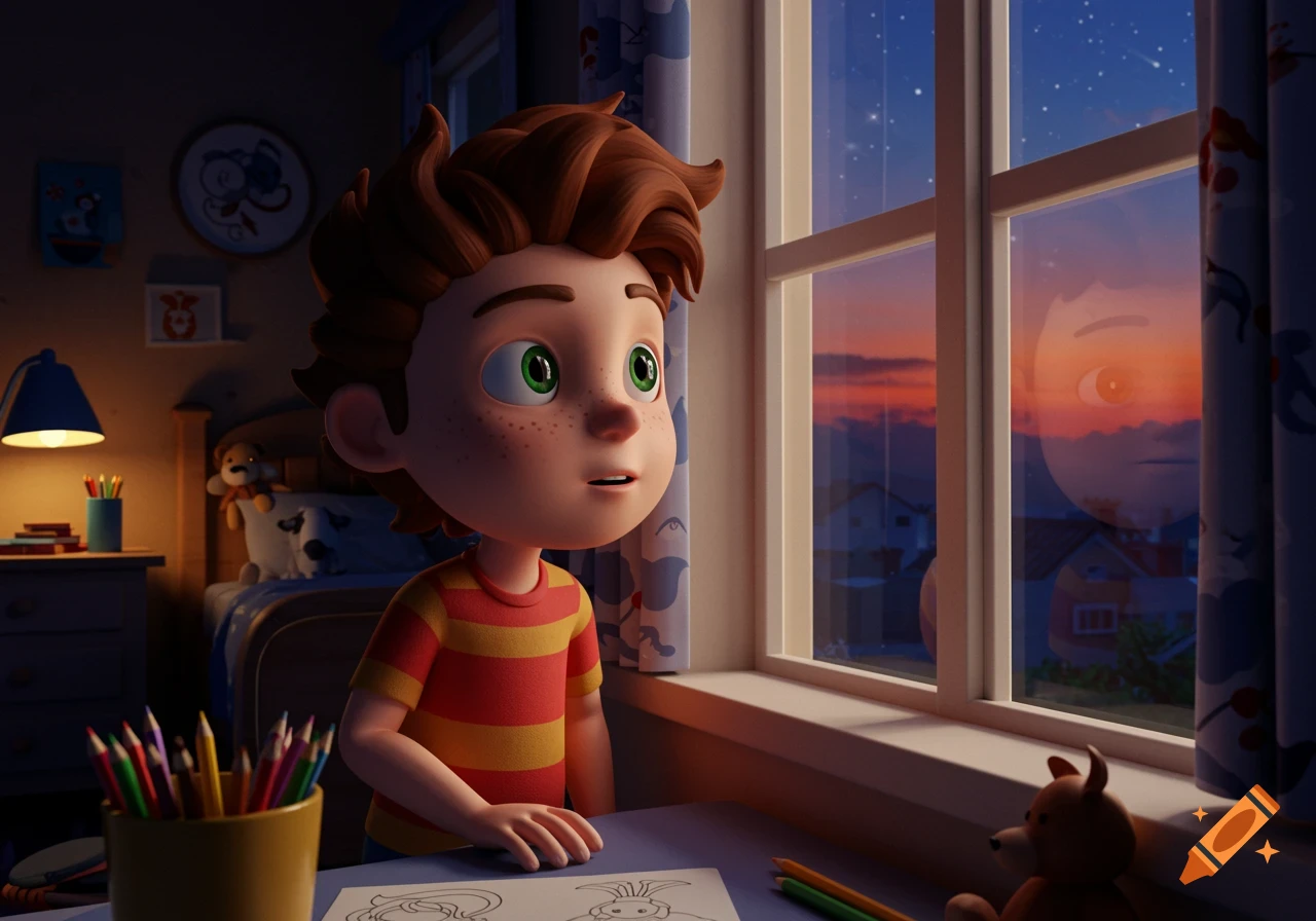 A 3D cartoon boy with brown hair sits at a desk in his bedroom, looking thoughtfully out a window at a colorful sunset and starry sky.