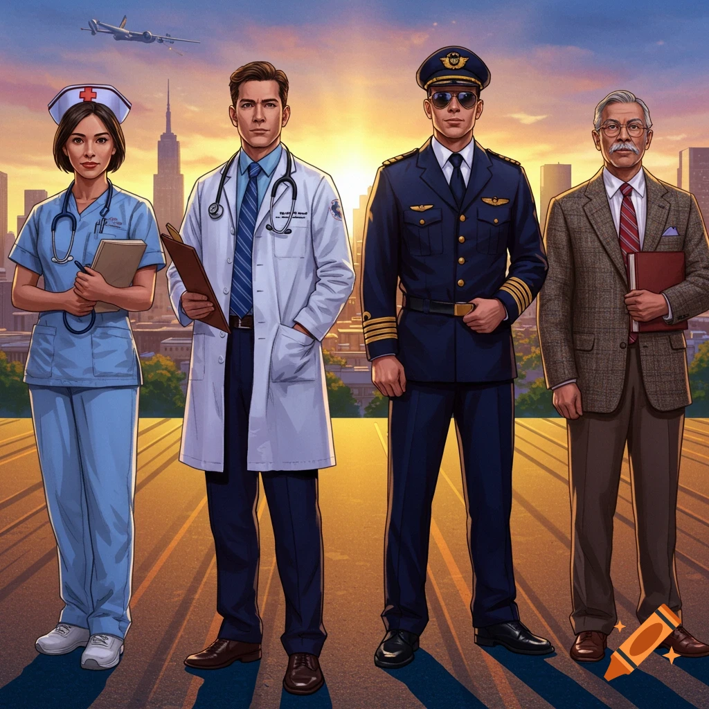 Four professionals: a nurse, a doctor, a pilot, and a professor stand in front of a city skyline at sunset.
