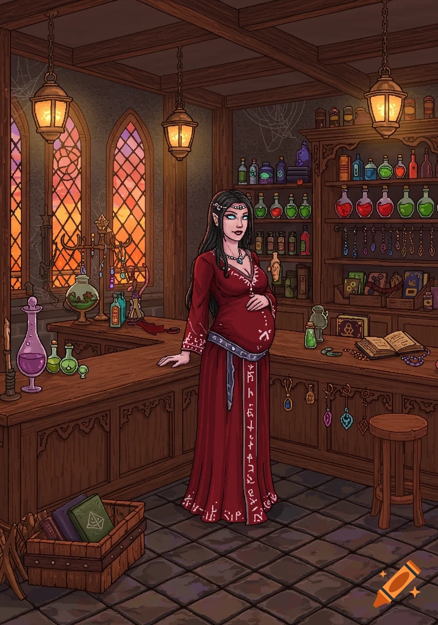 Pregnant elf witch in a pixel art fantasy potion shop, filled with colorful bottles and glowing windows.