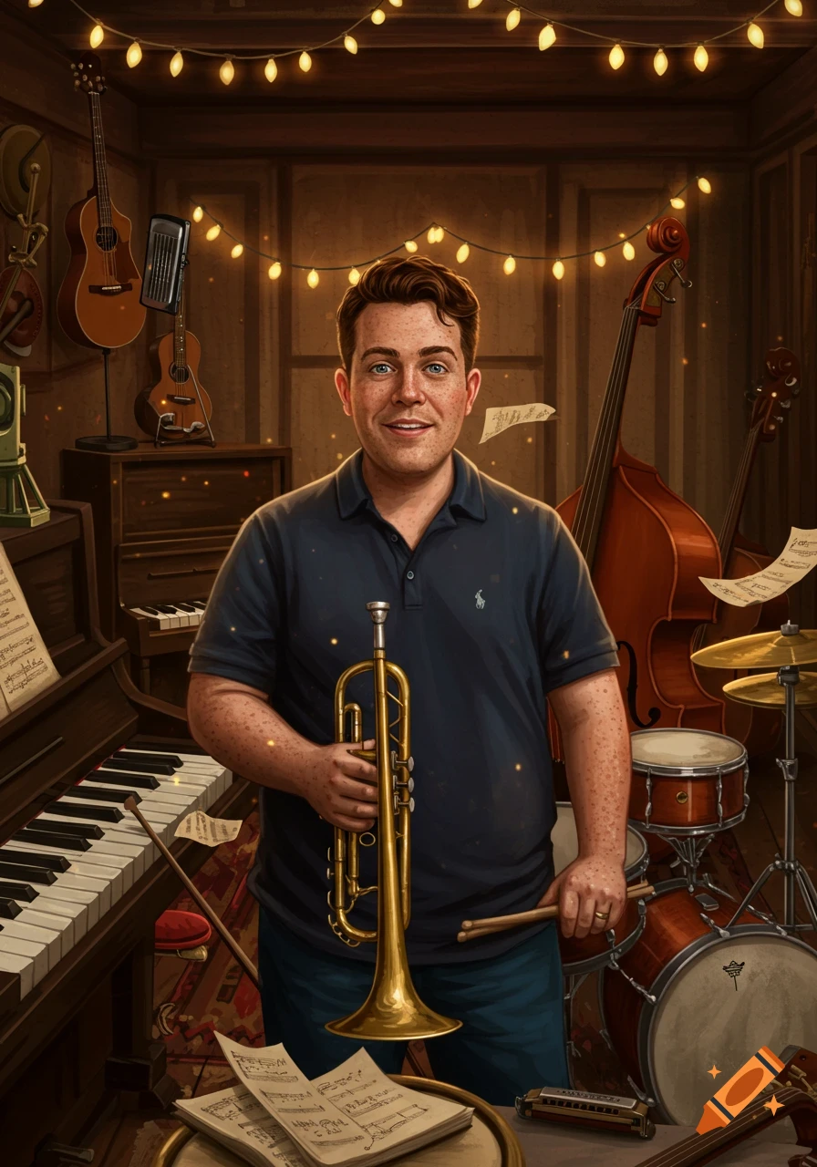 A smiling man with freckles holds a trumpet and drumsticks in a cozy music room filled with various instruments.