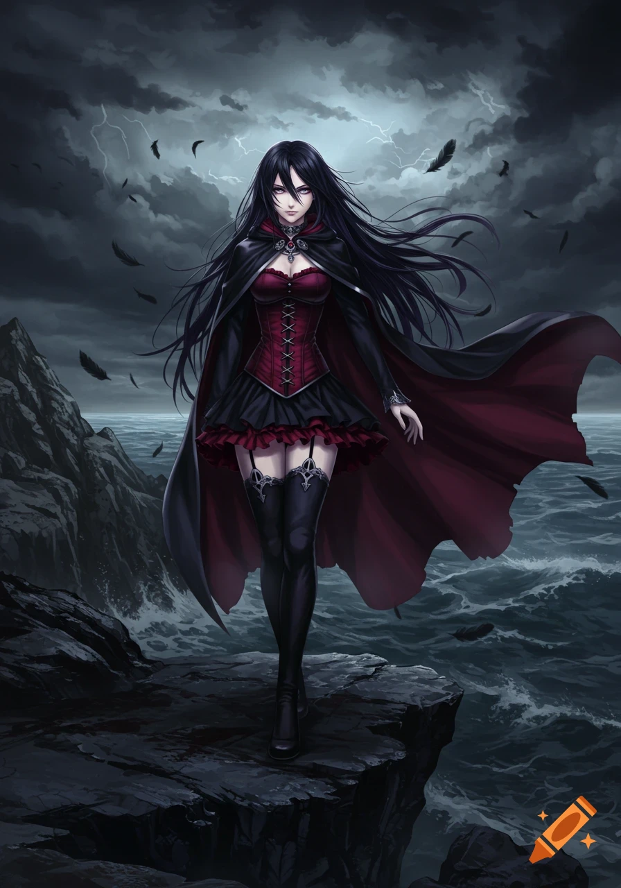 A gothic anime girl with long black hair and a red corset stands on a stormy cliff overlooking a dark, wavy sea with lightning.