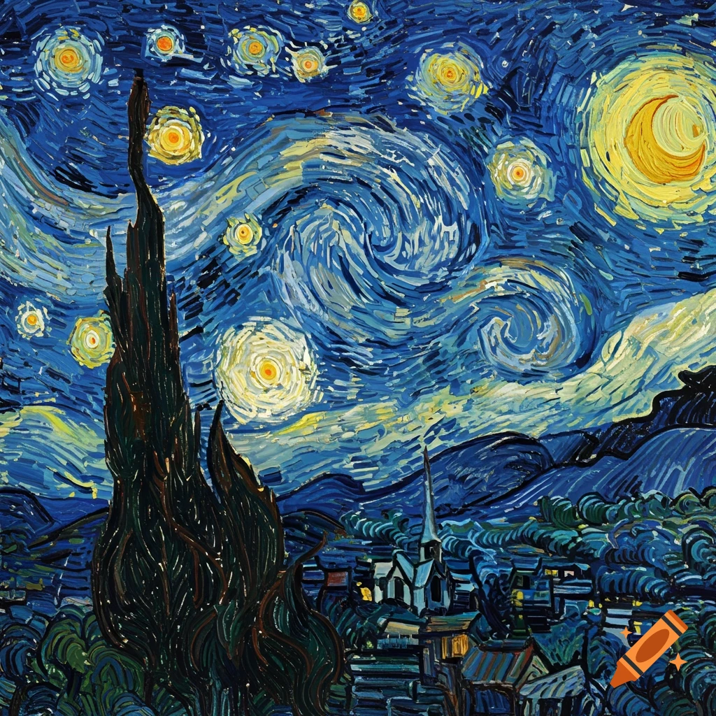 A painting of a swirling blue night sky with bright yellow stars and moon, a dark cypress tree, and a village with a church steeple.