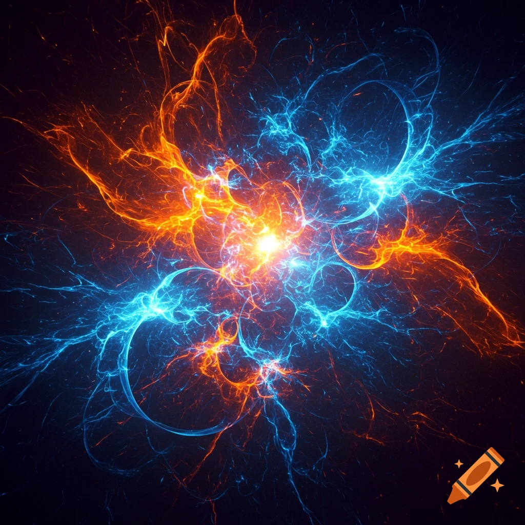 Vibrant abstract energy burst with intertwining orange and blue glowing lines on a dark background.