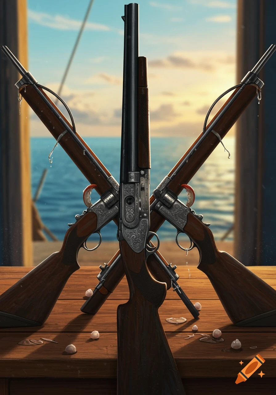 Multiple ornate shotguns and rifles arranged on a wooden table with an ocean and sunset in the background.