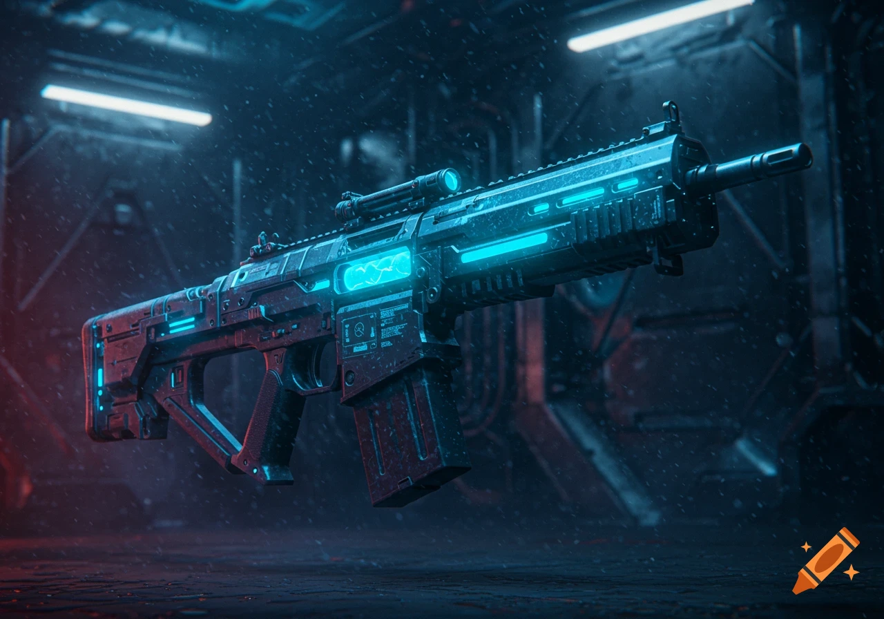A futuristic assault rifle with glowing blue accents in a dark, rainy setting.