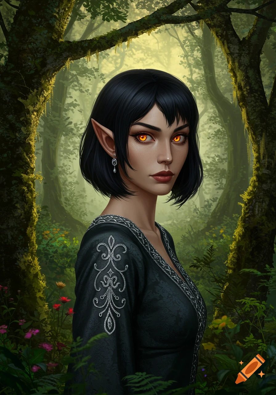 A fantasy portrait of an elf-like woman with black hair, glowing orange eyes, and a medieval dress in a lush forest.