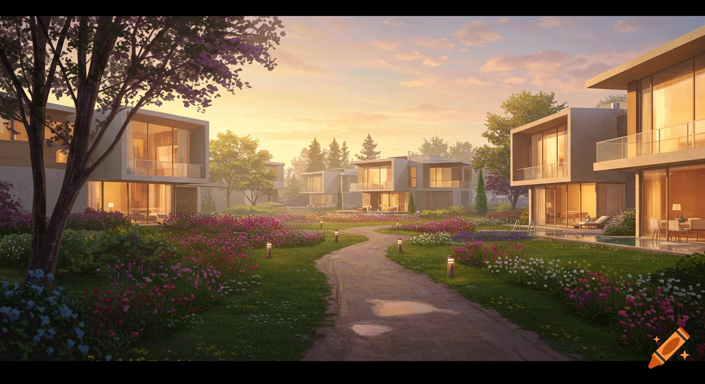 A beautiful scene of modern houses with large windows nestled within colorful, blooming gardens and a winding path at sunset.