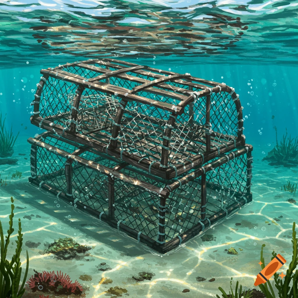 A wooden and mesh lobster trap sits on the sandy seabed underwater with dappled light.