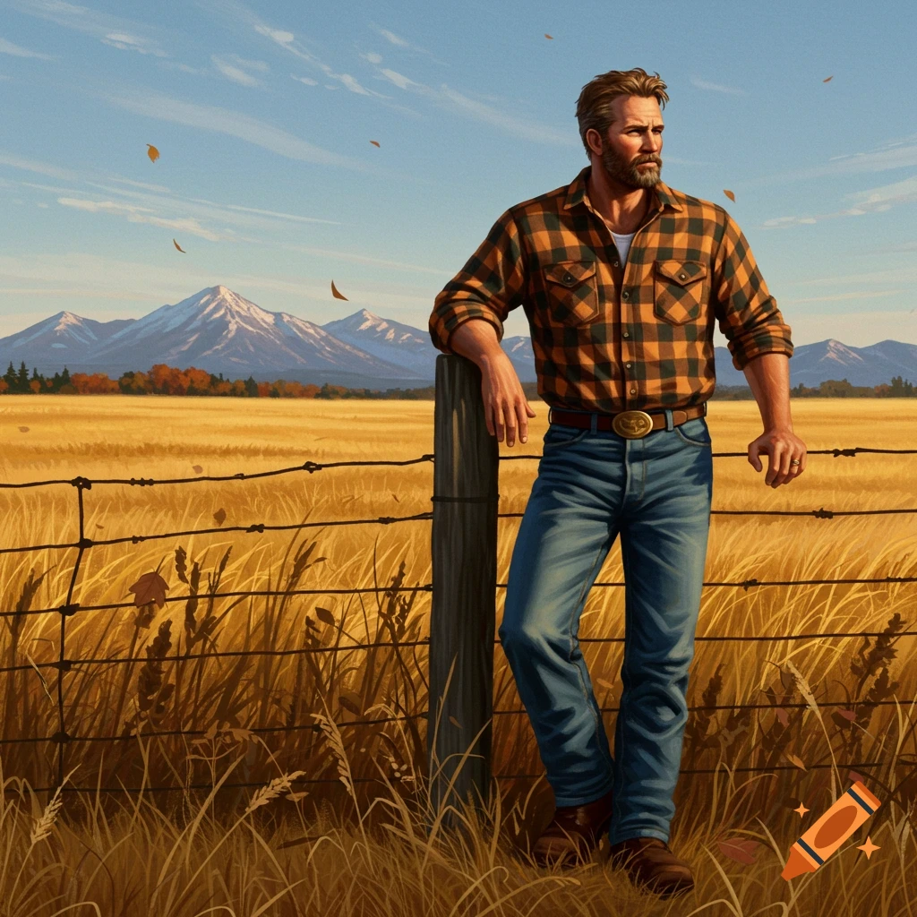 Bearded man in a plaid shirt and jeans leaning on a fence post in a golden field with mountains under a blue sky.
