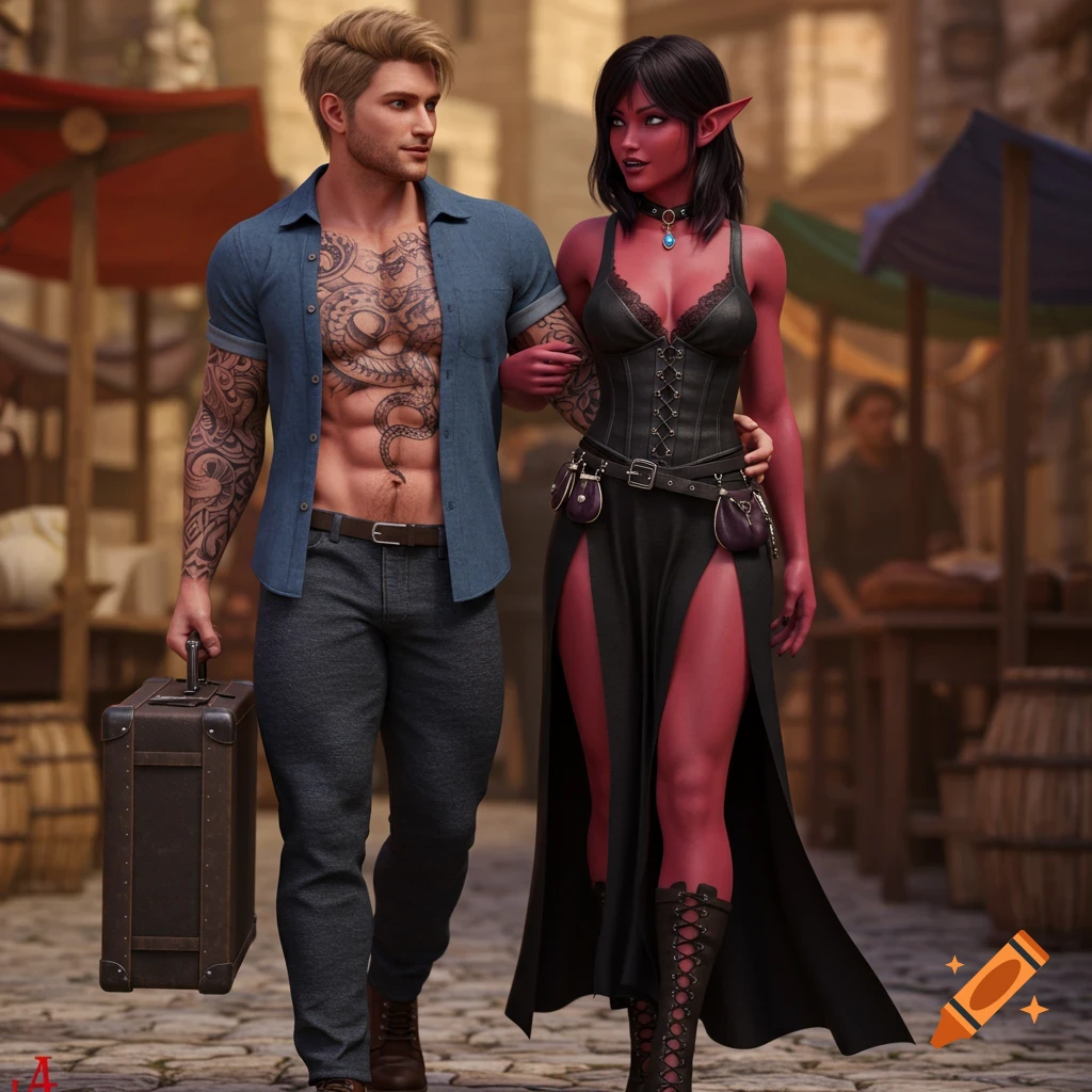 A muscular blonde man with tattoos and a red-skinned elf woman walk arm-in-arm in a fantasy market. Photorealistic 3D.