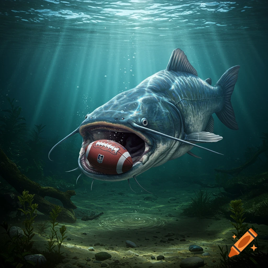 A large, intimidating catfish with wide-open mouth holding a football underwater with sun rays shining through the surface.