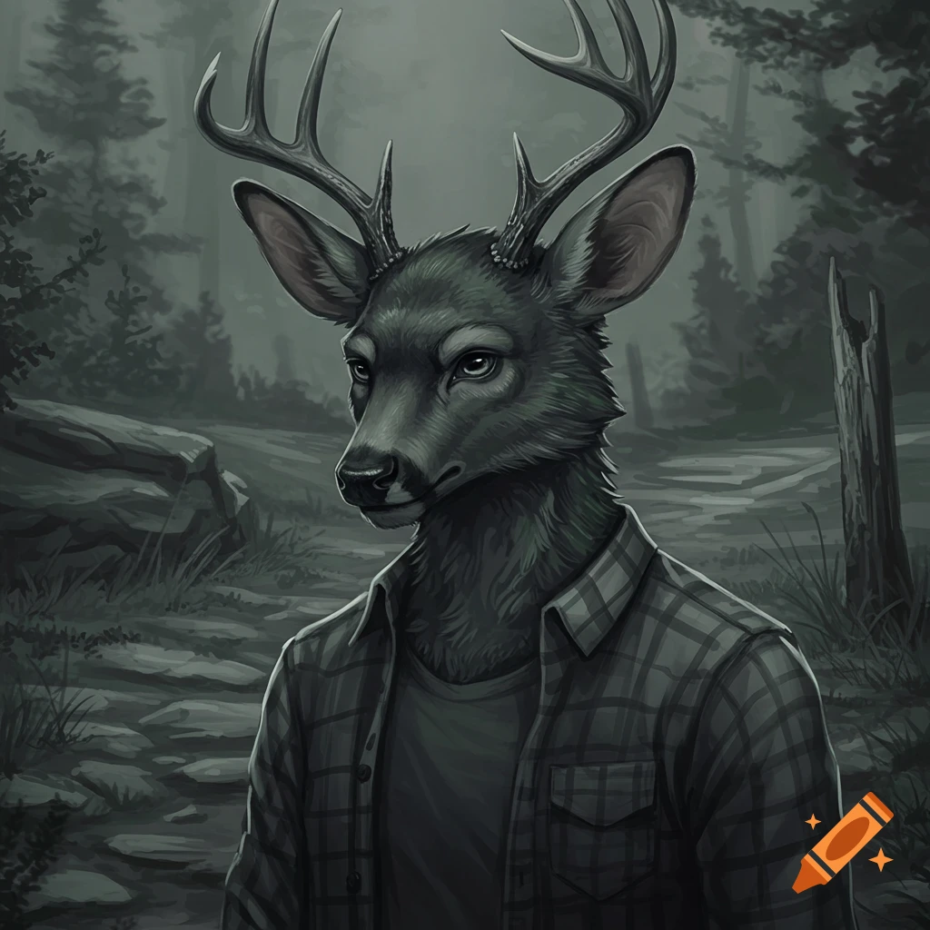 An anthropomorphic deer in a plaid shirt stands in a misty, monochrome forest. The deer has large antlers and a serious expression.