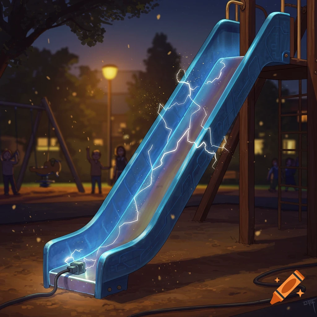 An illustrated blue playground slide glows with electric sparks and lightning at night, powered by a cord, with blurred children in the background.