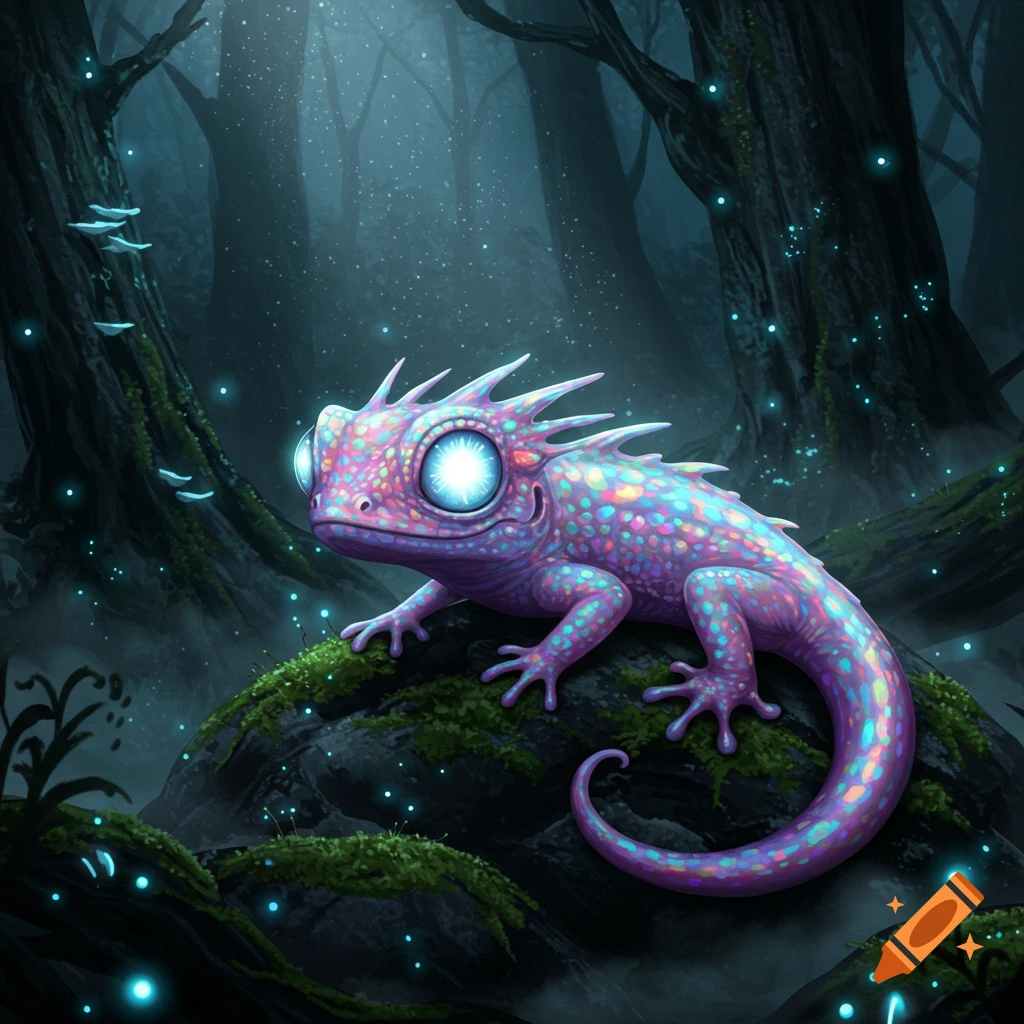 A luminous, multi-colored lizard creature with large glowing eyes sits on a mossy rock in a dark, magical forest.