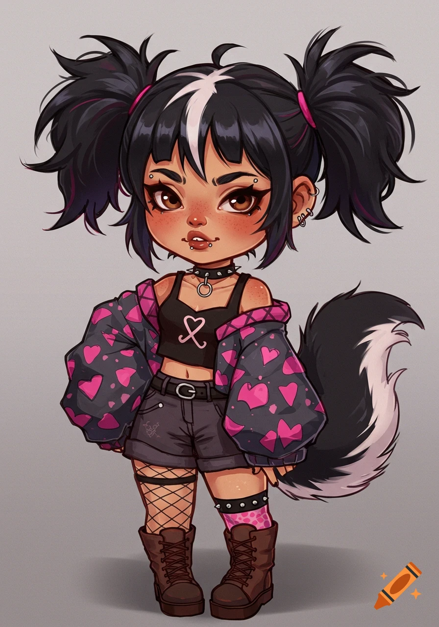 Chibi girl with black pigtails, white hair streak, tan skin, scene outfit, various piercings, and a black and white skunk tail.