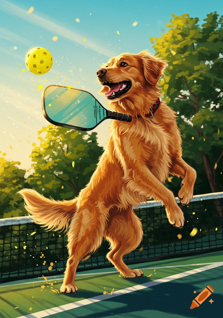 A golden retriever dog jumps on a pickleball court, holding a paddle in its mouth, ready to hit a yellow pickleball. Illustrated style.